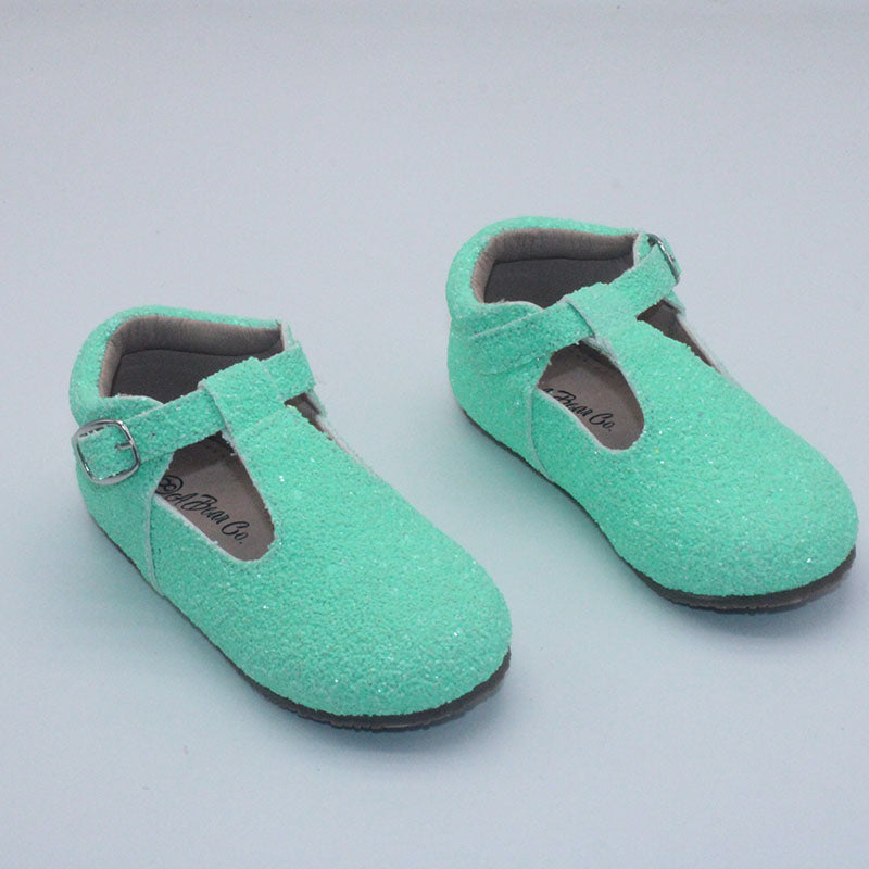 RTS Neon Teal Glitter Tstraps (SZ 3,4)