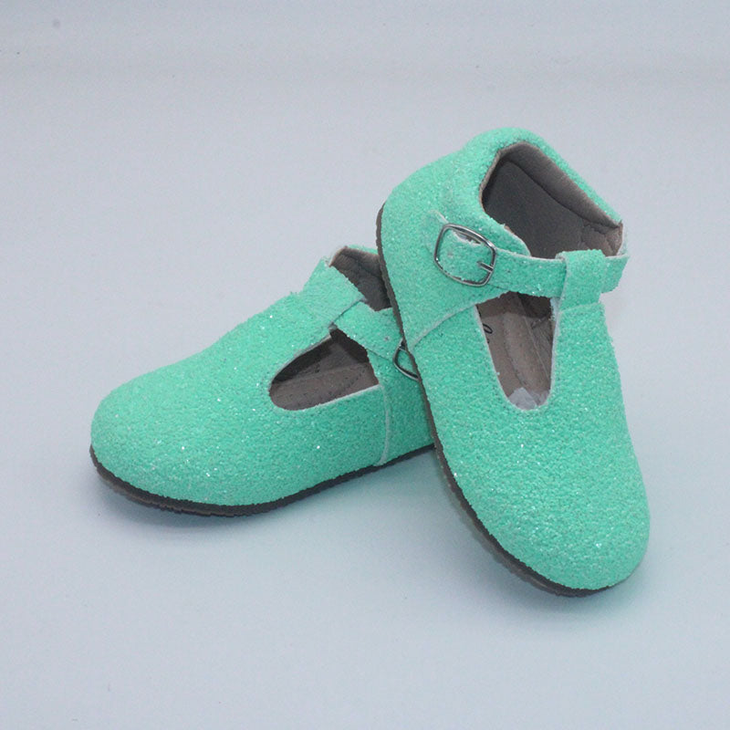 RTS Neon Teal Glitter Tstraps (SZ 3,4)
