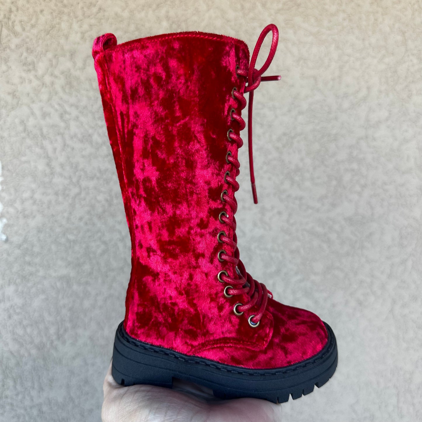 RTS Red Crushed Velvet Tall Boots