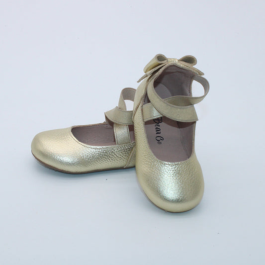RTS 24K Gold Leather Bow Back Ballerinas