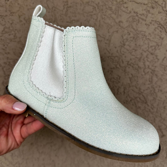 RTS IMPERFECT Mint Smooth Glitter Scalloped Booties(SZ BK2)