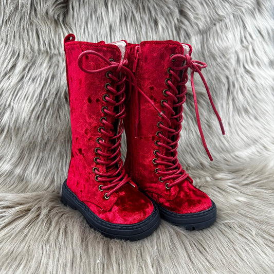 RTS Red Crushed Velvet Tall Boots