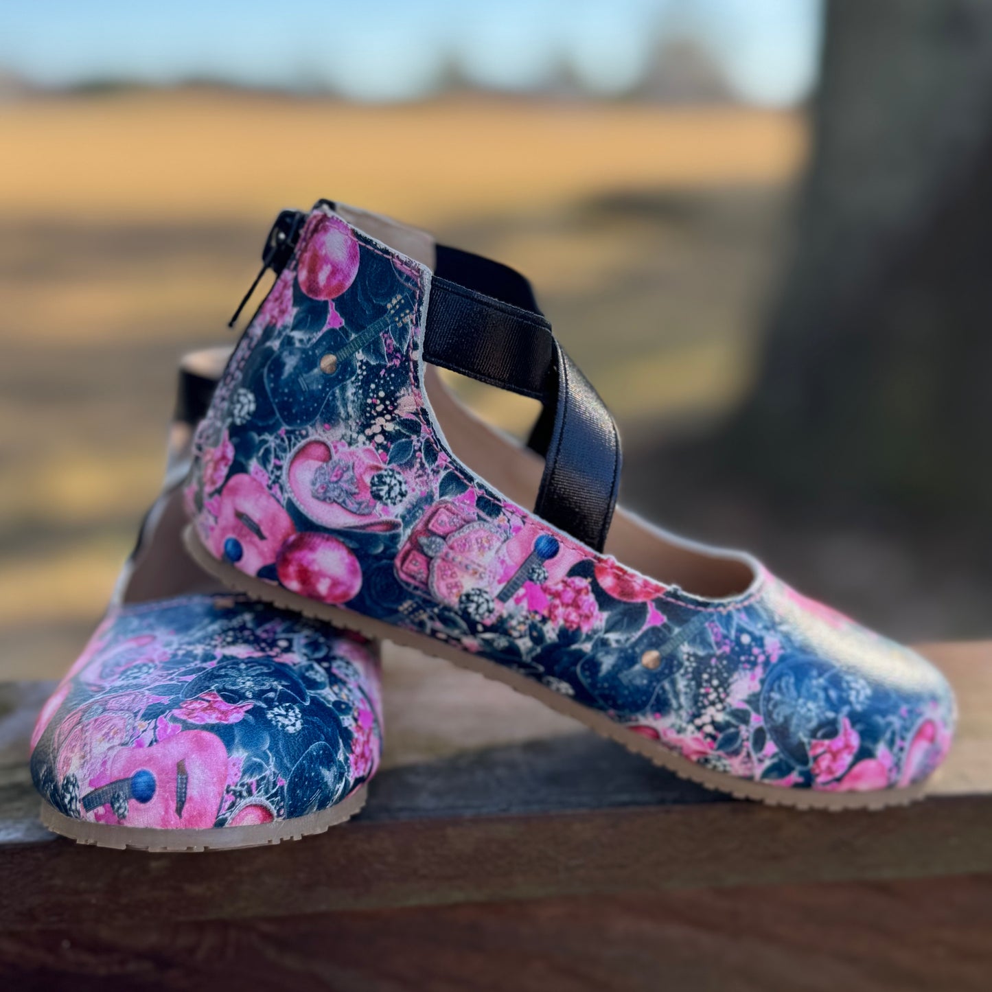 RTS Pink and Black Guitars Leather Ballerina (SZ 10)