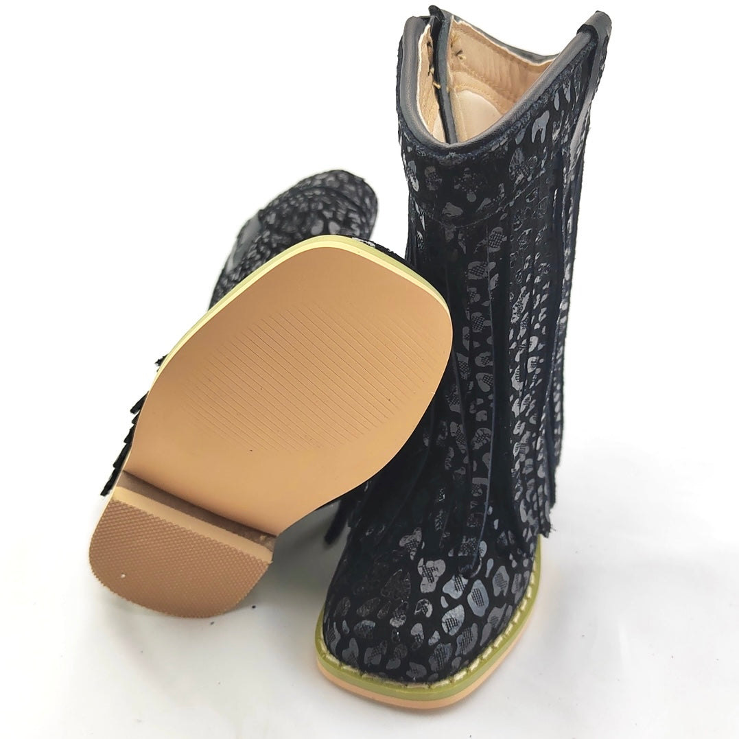 RTS Black FOIL Cheetah Fringe Cowgirls