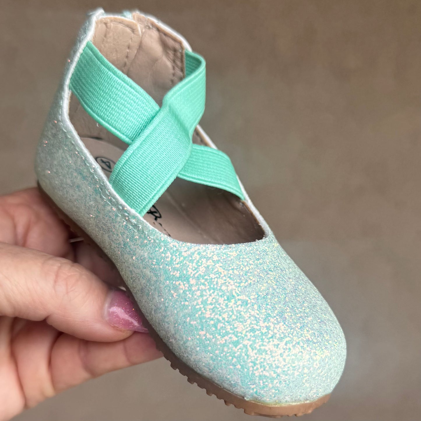 RTS IMPERFECT Seafoam Smooth Glitter Ballerinas (SZ 2, 4)