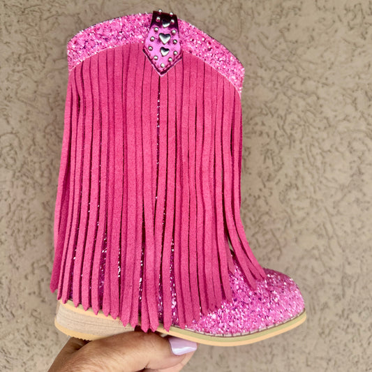 RTS Pink Rose HEART TAB Suede Fringe Cowgirls