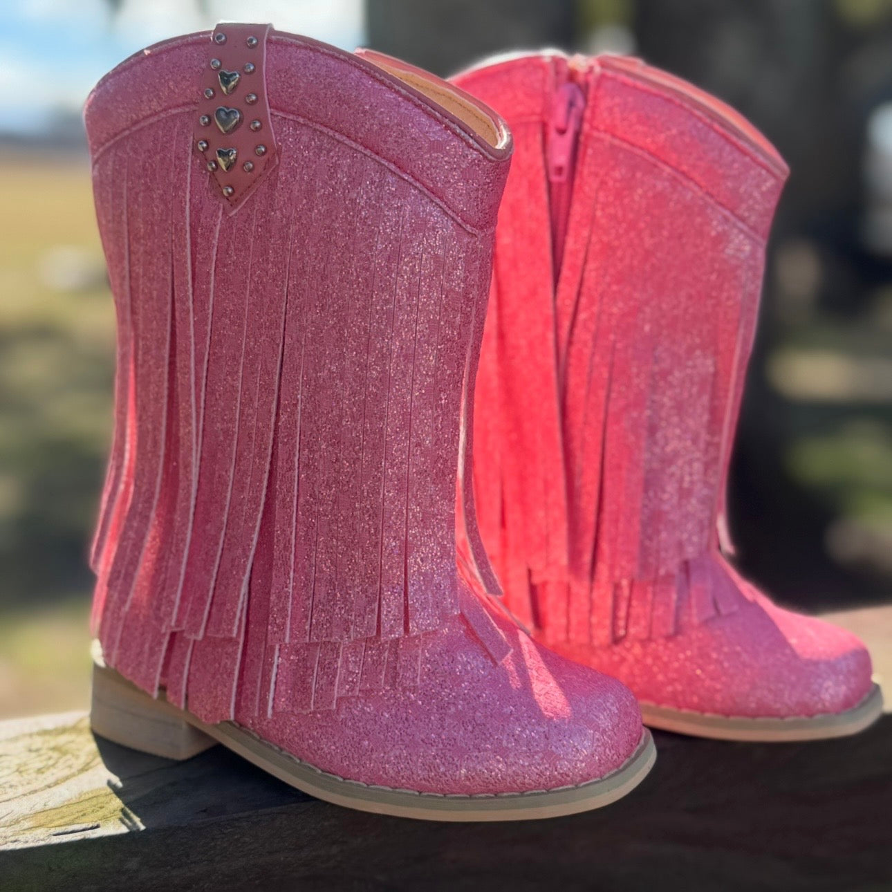 RTS imperfect Pink Dot Lace Glitter Fringe Cowgirls (SZ 8)