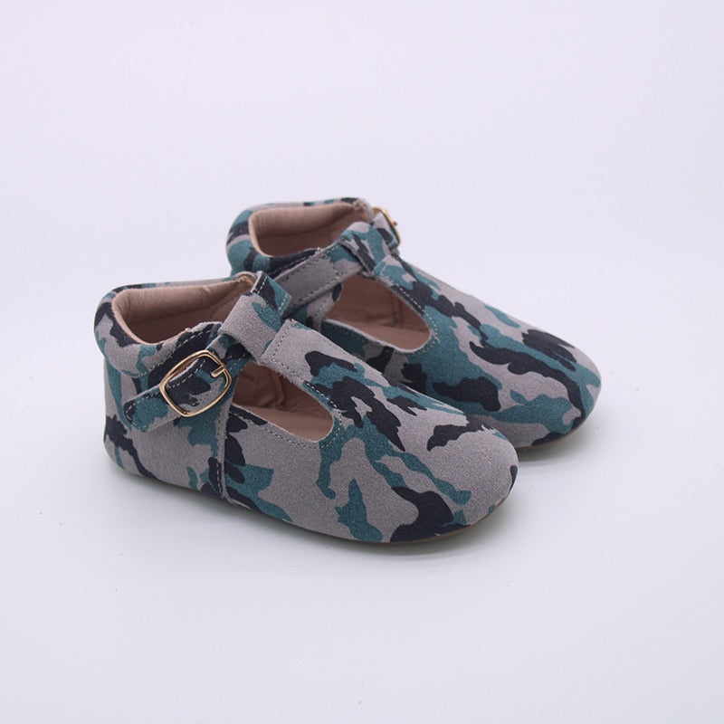 RTS Blue/Gray Camo Suede T-Straps