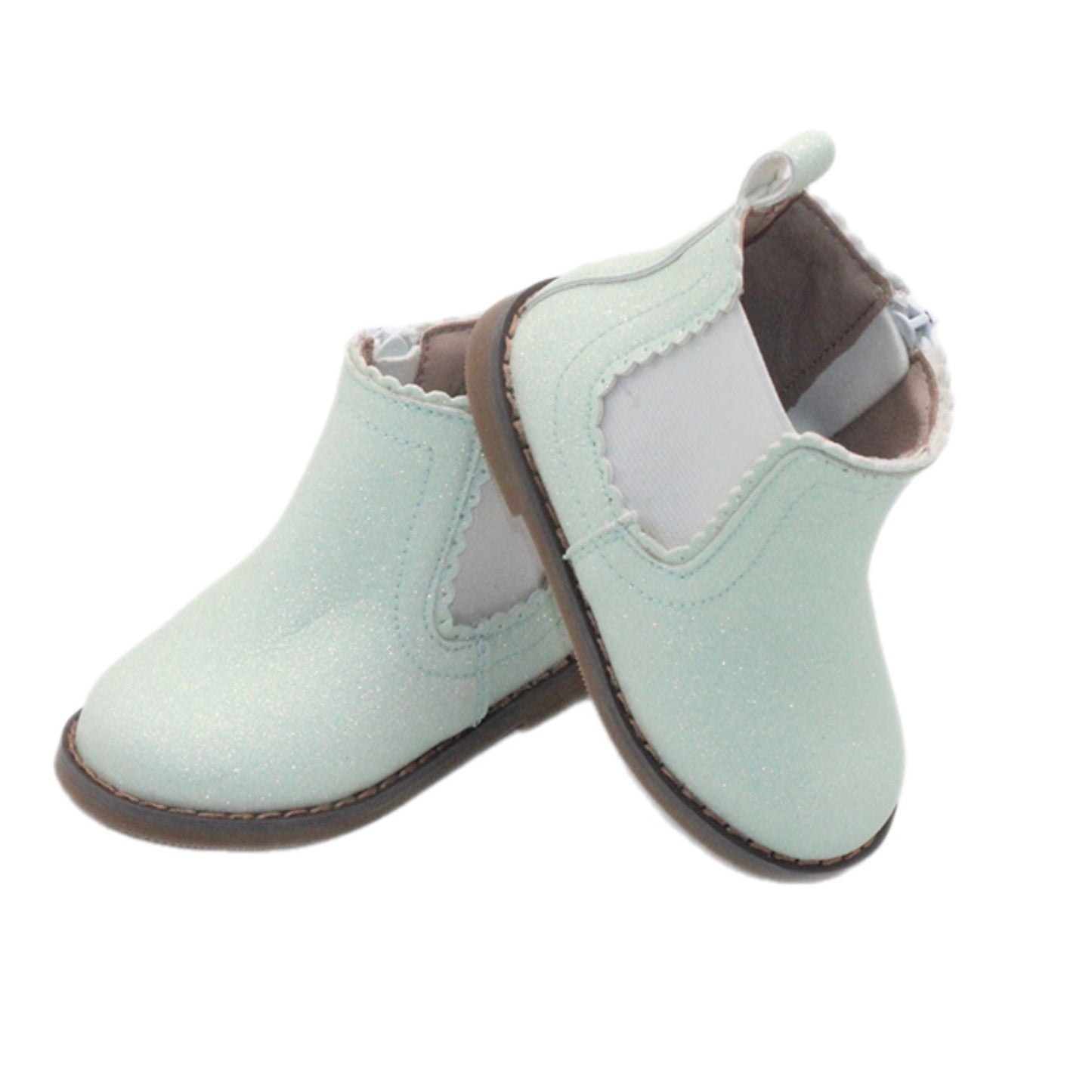RTS Mint Smooth Glitter Scallop Bootie