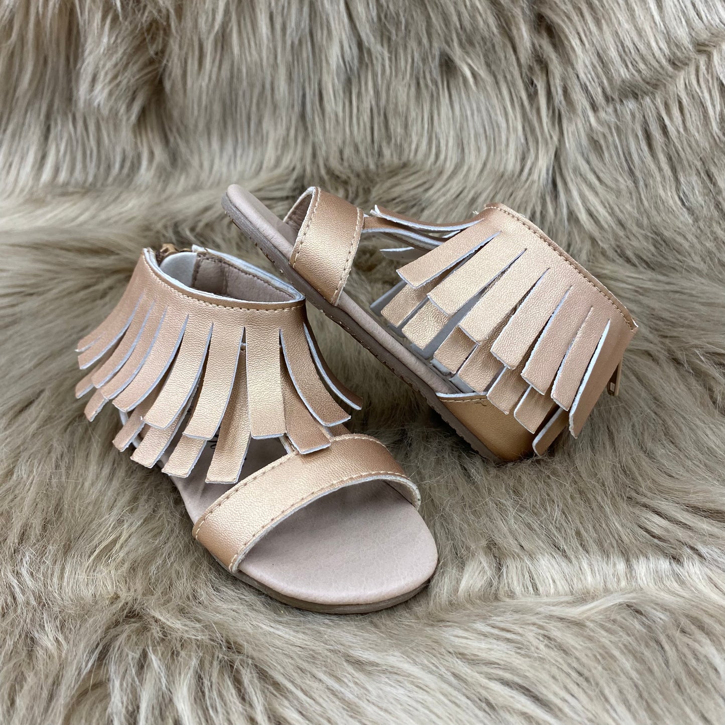 RTS (SIZES 2 )Rose Gold Leather Fringe Sandal