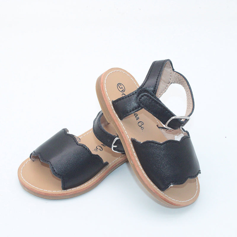 Black Leather Scallop Sandals